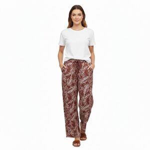 Cathy Linen Blend Leaf Print Pants Womens Small Rust Hawaiian Tropical Raw Hem